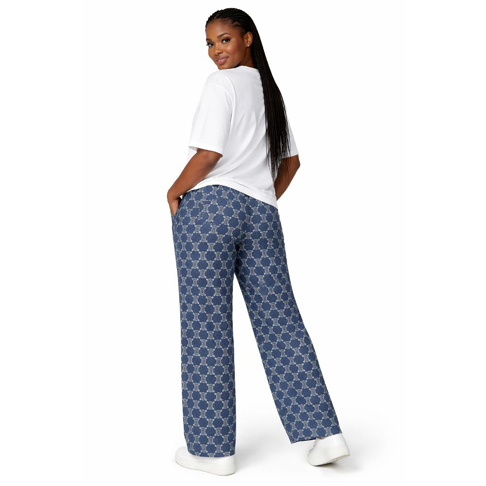 White Graphic T Shirt and Patterned Blue Wide Leg Trousers Set
